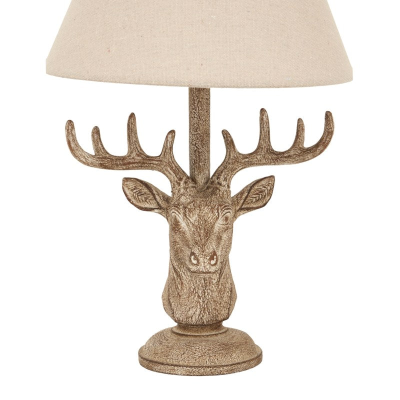 Stonewashed Stag Head Table Lamp With Linen Shade