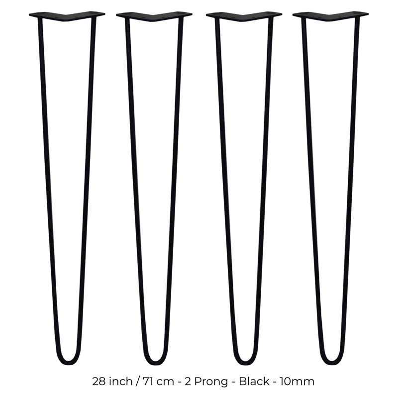 4 x 28" Hairpin Legs - 2 Prong - 10mm - Black