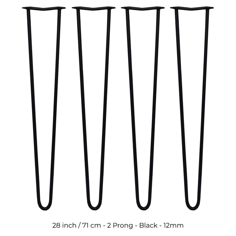 4 x 28" Hairpin Legs - 2 Prong - 12mm - Black