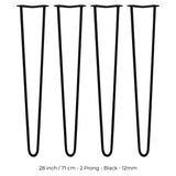 4 x 28" Hairpin Legs - 2 Prong - 12mm - Black