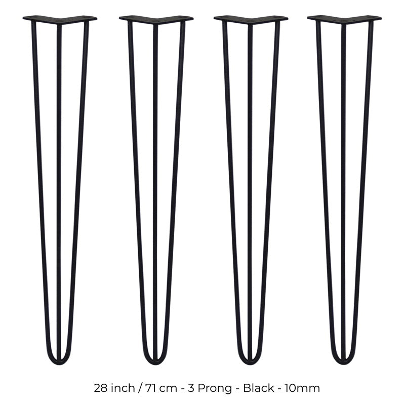 4 x 28" Hairpin Legs - 3 Prong - 10mm - Black