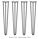 4 x 28" Hairpin Legs - 3 Prong - 10mm - Black