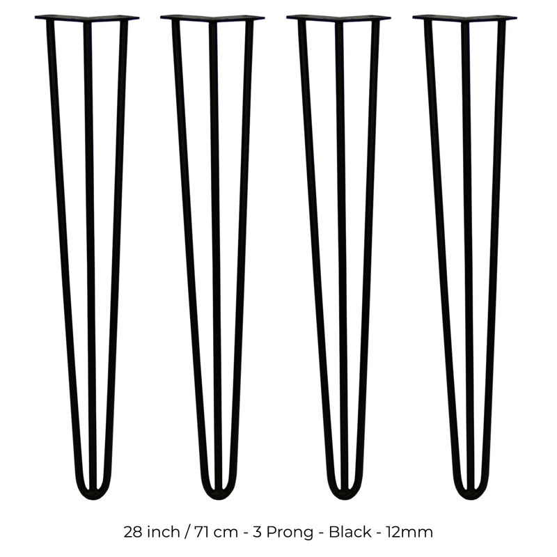4 x 28" Hairpin Legs - 3 Prong - 12mm - Black