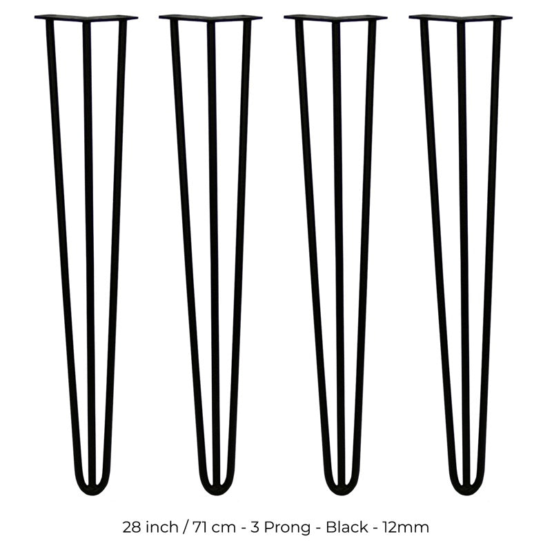 4 x 28" Hairpin Legs - 3 Prong - 12mm - Black