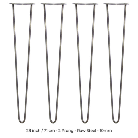 4 x 28" Hairpin Legs - 2 Prong - 10mm - Raw Steel