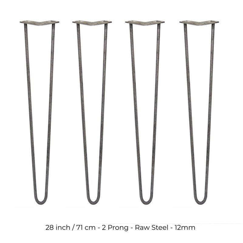 4 x 28" Hairpin Legs - 2 Prong - 12mm - Raw Steel