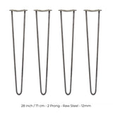 4 x 28" Hairpin Legs - 2 Prong - 12mm - Raw Steel