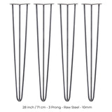 4 x 28" Hairpin Legs - 3 Prong - 10mm - Raw Steel