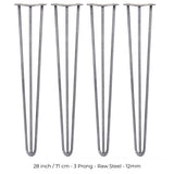 4 x 28" Hairpin Legs - 3 Prong - 12mm - Raw Steel