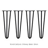 4 x 16" Hairpin Legs - 3 Prong - 12mm - Black