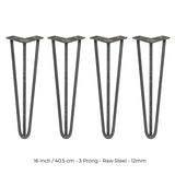 4 x 16" Hairpin Legs - 3 Prong - 12mm - Raw Steel