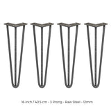 4 x 16" Hairpin Legs - 3 Prong - 12mm - Raw Steel