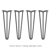 4 x 16" Hairpin Legs - 3 Prong - 12mm - Raw Steel