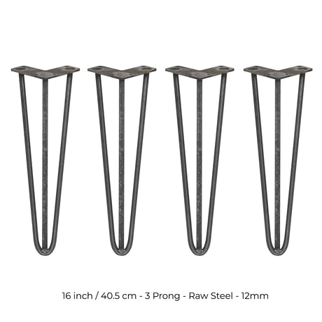 4 x 16" Hairpin Legs - 3 Prong - 12mm - Raw Steel