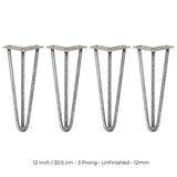 4 x 12" Hairpin Legs - 3 Prong - 12mm - Raw Steel
