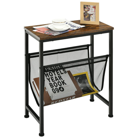 Industrial End Table with Mesh Magazine Holder Sling for Living Room/Bedroom
