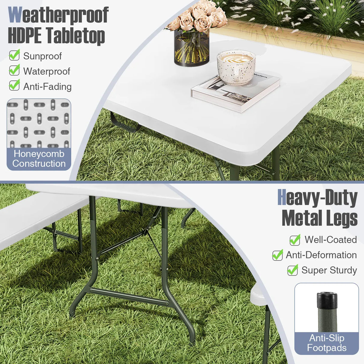 245cm Outdoor Portable Folding Table with HDPE Tabletop-White