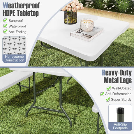 245cm Outdoor Portable Folding Table with HDPE Tabletop-White