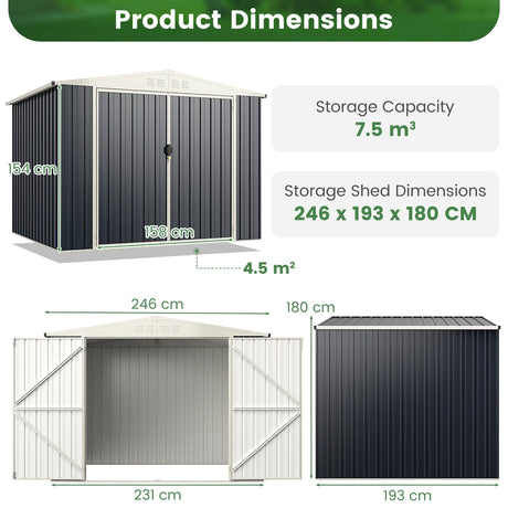 7.5 x 6.3 FT Metal Outdoor Storage Shed with Lockable Door-Gray