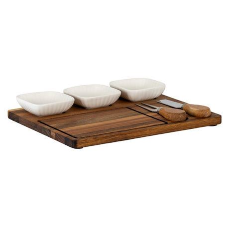 Acacia Cheese Board Set With White Ceramic Bowls And Cutlery