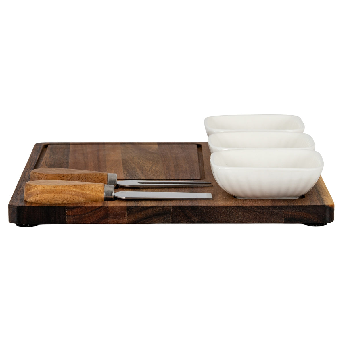 Acacia Cheese Board Set With White Ceramic Bowls And Cutlery