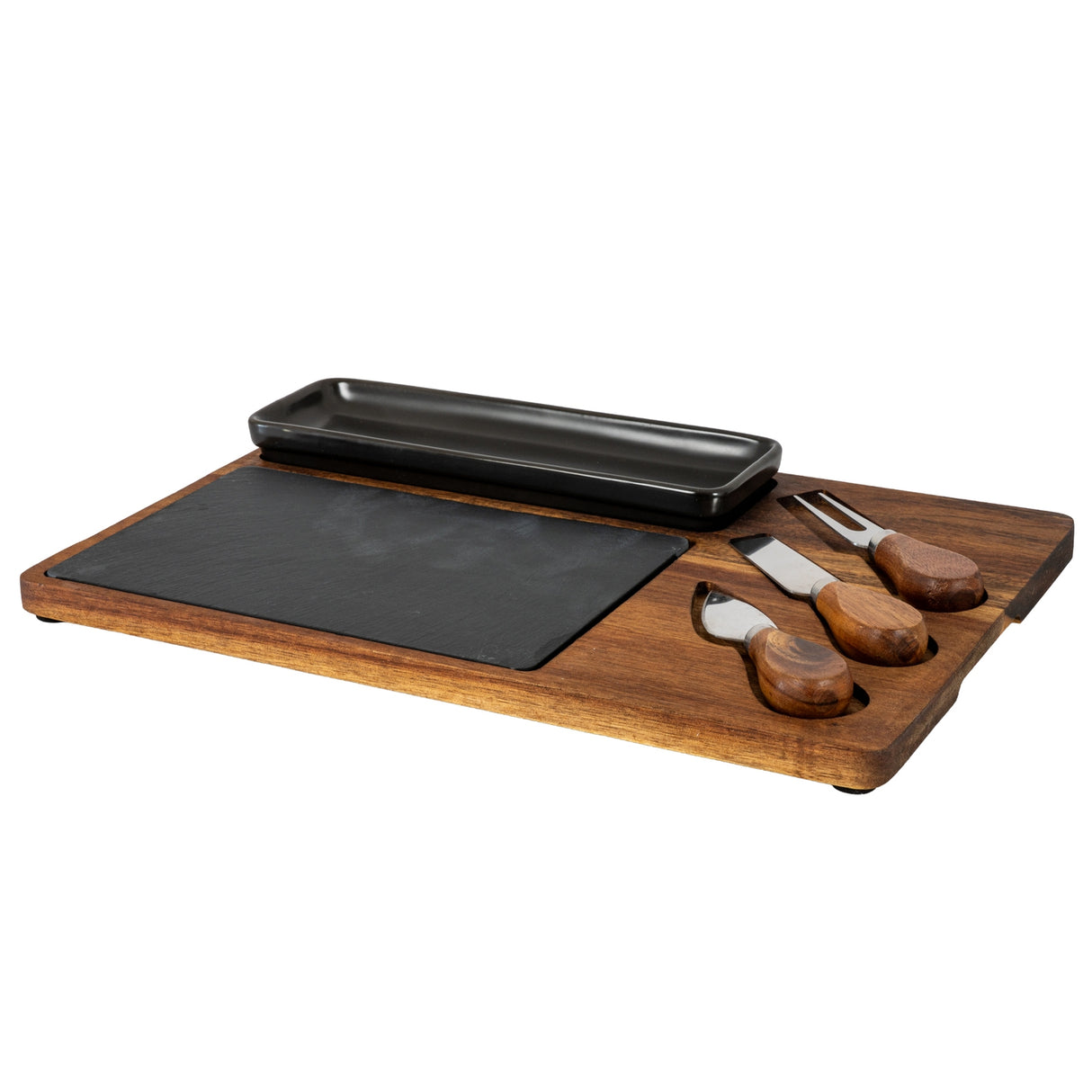 Acacia Cheese Board Set With Grey Bowl, Slate and Cutlery