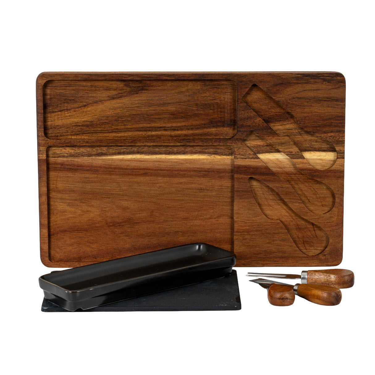 Acacia Cheese Board Set With Grey Bowl, Slate and Cutlery