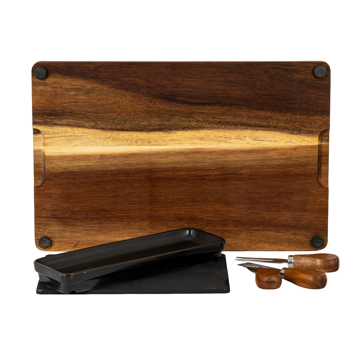 Acacia Cheese Board Set With Grey Bowl, Slate and Cutlery