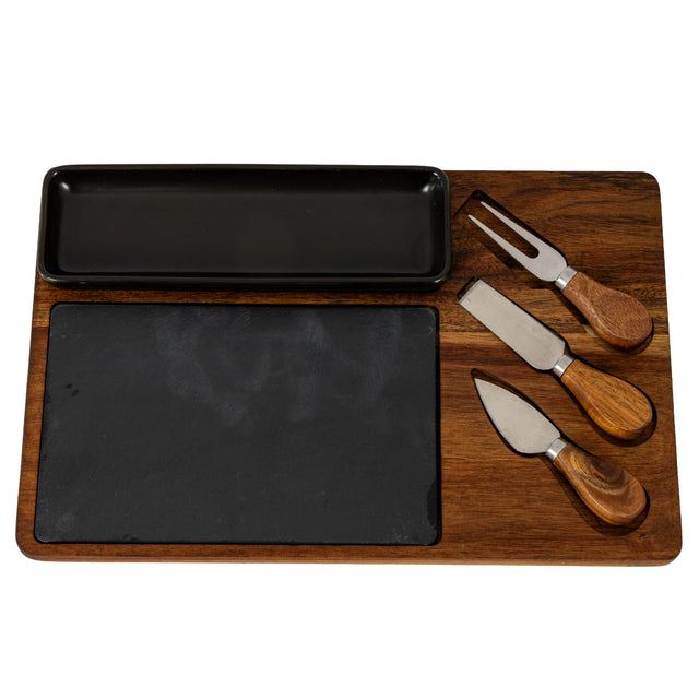 Acacia Cheese Board Set With Grey Bowl, Slate and Cutlery