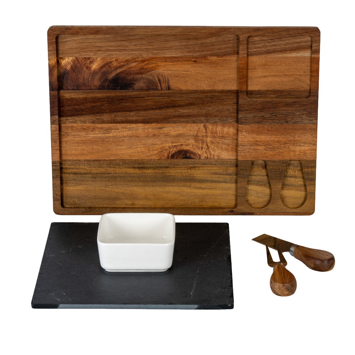 Acacia Cheese Board Set With White Bowl, Slate and Cutlery