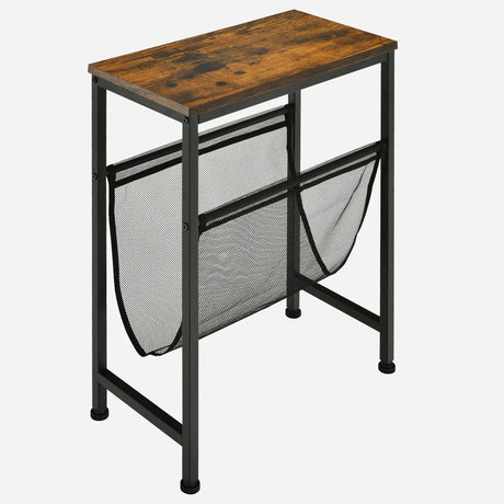 Industrial End Table with Mesh Magazine Holder Sling for Living Room/Bedroom