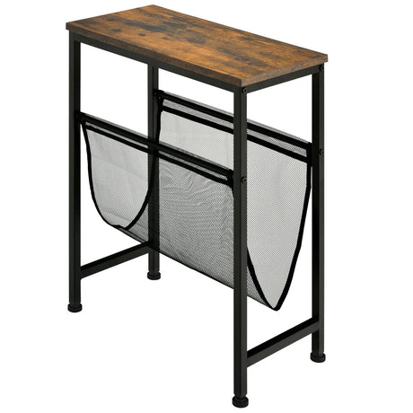 Industrial End Table with Mesh Magazine Holder Sling for Living Room/Bedroom