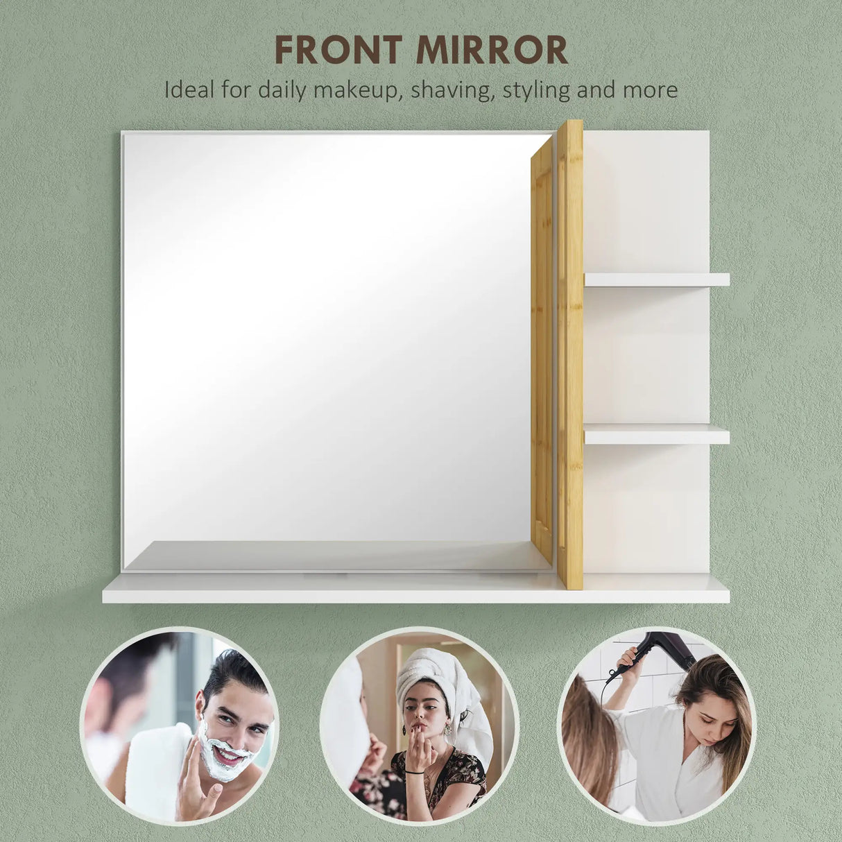 HOMCOM Bamboo Panel Bathroom Mirror, with Shelves - White