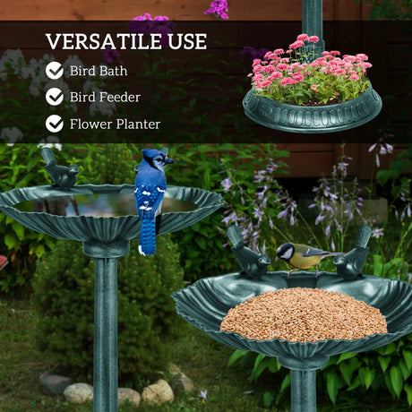 Outsunny 81cm Tall Bird Bath with 2 Decorative Birds, Vintage Style Birdbath with Flower Planter Base, Bird Bath Bowl for Garden, Green