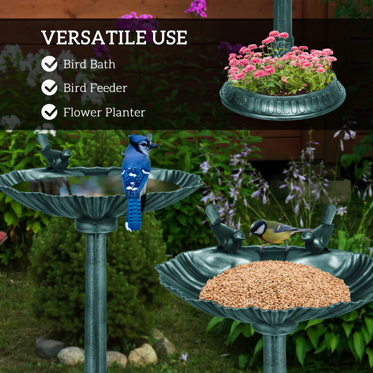 Outsunny 81cm Tall Bird Bath with 2 Decorative Birds, Vintage Style Birdbath with Flower Planter Base, Bird Bath Bowl for Garden, Green