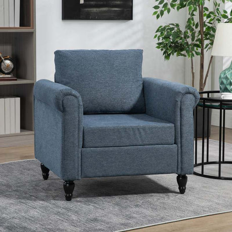 HOMCOM Vintage Accent Chair, Upholstered Occasional Chair with Back Pillow, Rolled Arms,  Rubber Wood Legs, Dark Blue