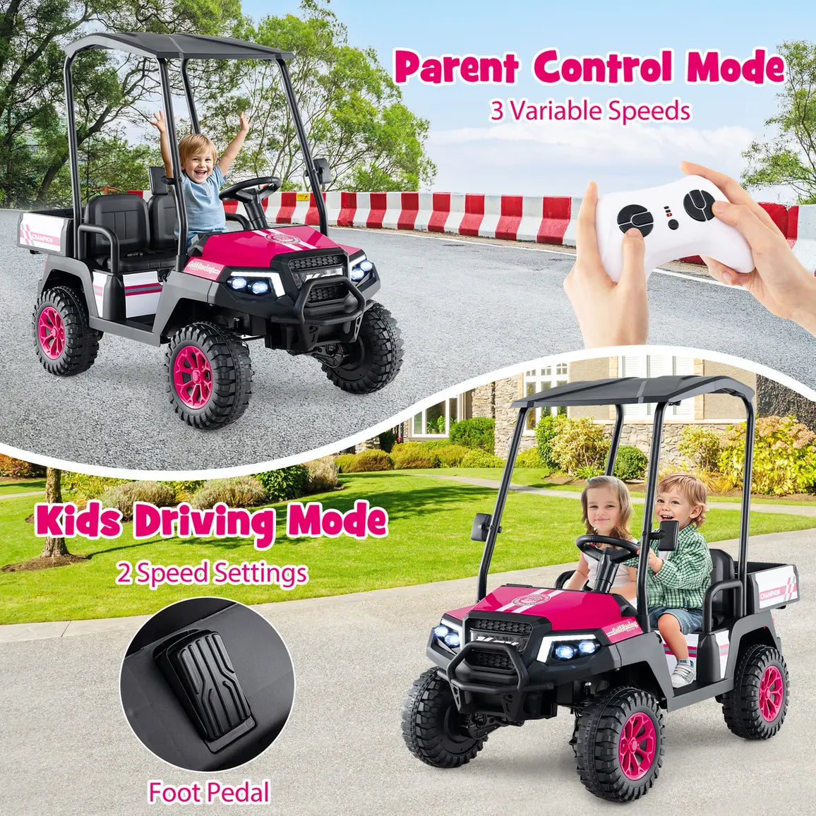 24V Kids Golf Cart 4WD 2 Seater Ride on Car with Dump Bed-Pink