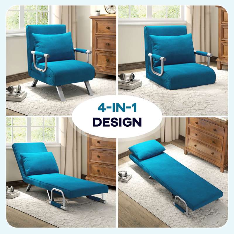 HOMCOM 4-in-1 Faux Suede Chair Bed - Blue