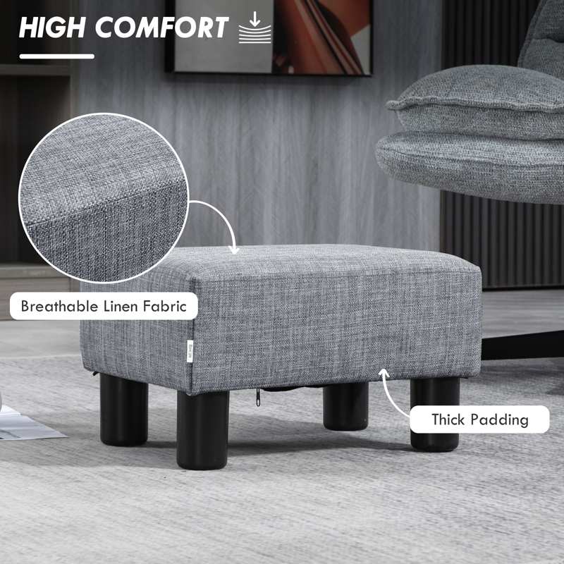 HOMCOM Linen Fabric Footstool Ottoman Cube with 4 Plastic Legs, Grey