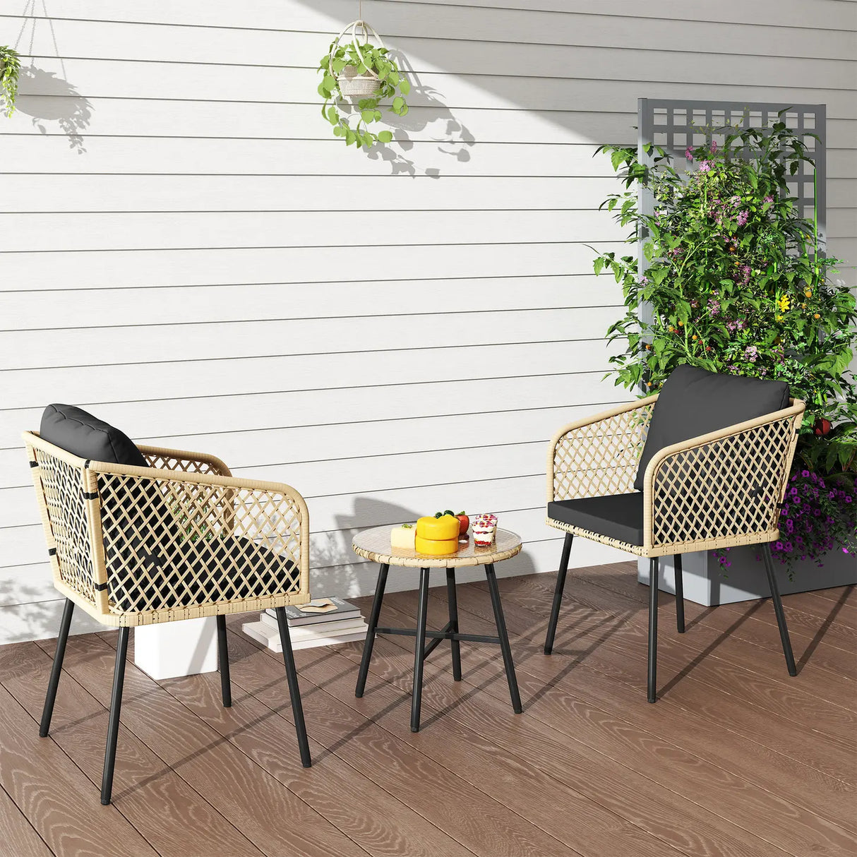 Outsunny Three-Piece Cut-Out Rattan Chair and Table Set - Brown/Black