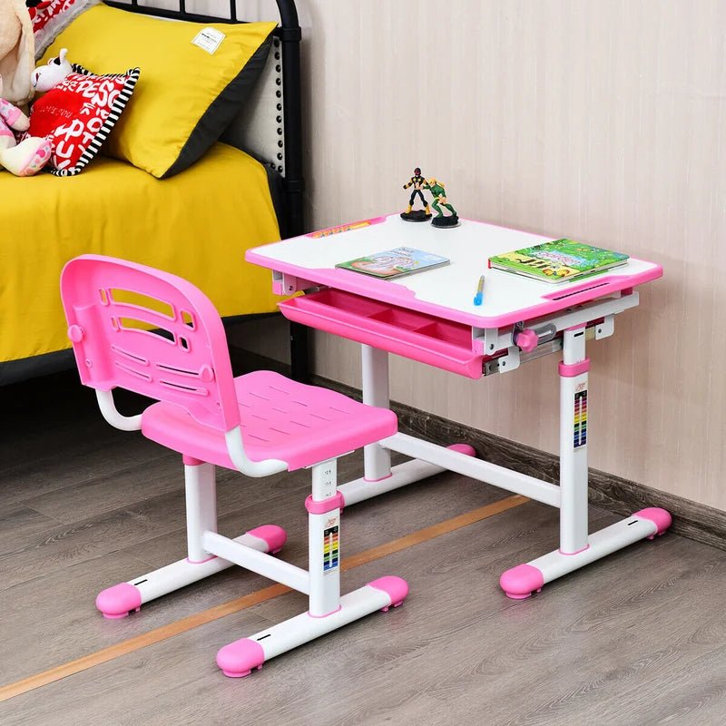 Height Adjustable Childrens Desk Chair Set -Pink