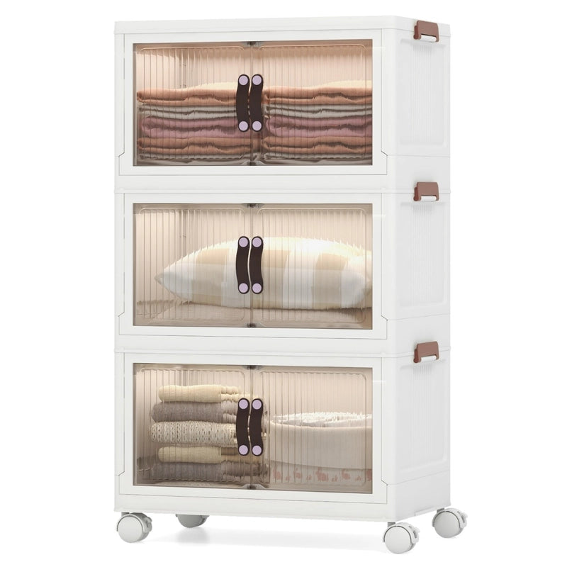 25.5/60 Gal 3-Tier Stackable Storage Boxes Bins with Magnetic Doors and Lockable Casters-S