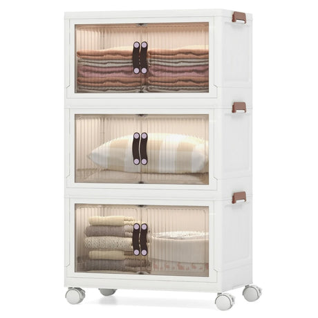 25.5/60 Gal 3-Tier Stackable Storage Boxes Bins with Magnetic Doors and Lockable Casters-S