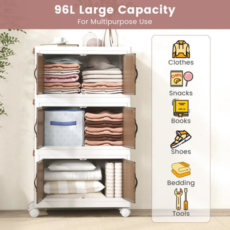 25.5/60 Gal 3-Tier Stackable Storage Boxes Bins with Magnetic Doors and Lockable Casters-S