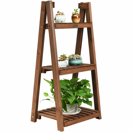 3-Tier Folding Flower Stand Rack Wood Plant Storage Display Shelf