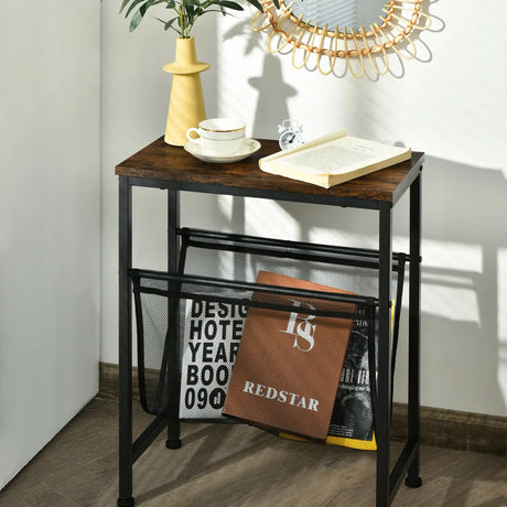 Industrial End Table with Mesh Magazine Holder Sling for Living Room/Bedroom