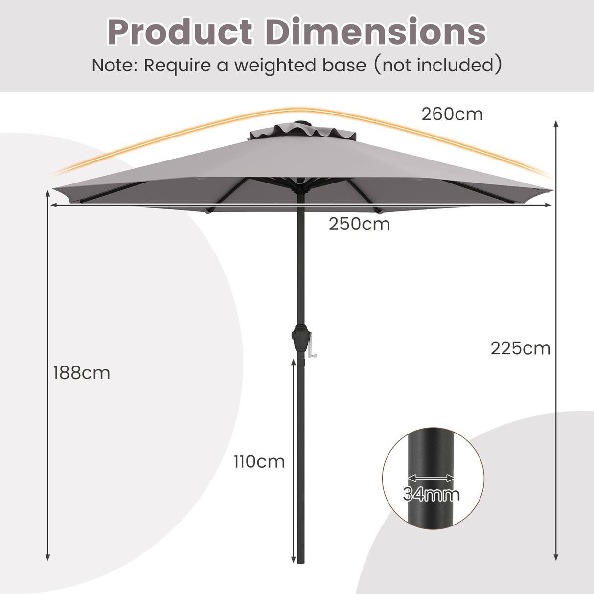 Outdoor Heavy Duty Market Umbrella with Crank Handle and 8 Sturdy Ribs-Gray