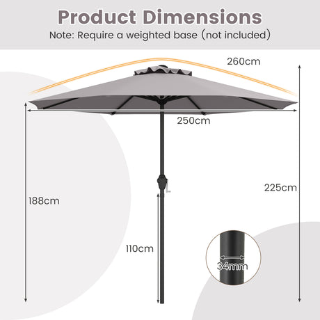 Outdoor Heavy Duty Market Umbrella with Crank Handle and 8 Sturdy Ribs-Gray