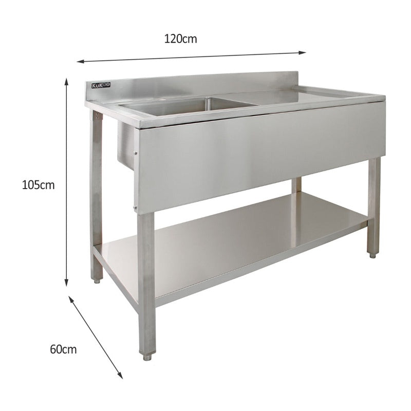 KuKoo Commercial Sink With Pre-Rinse Tap, 6ft Stainless Steel Catering Bench, 2 x Wall Mounted Shelves