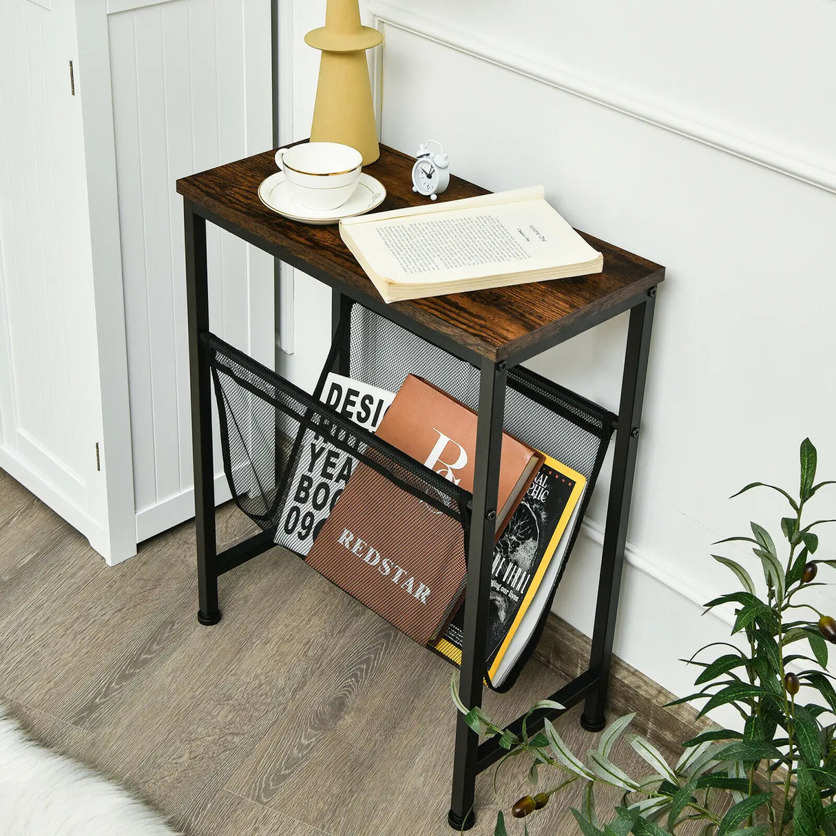 Industrial End Table with Mesh Magazine Holder Sling for Living Room/Bedroom